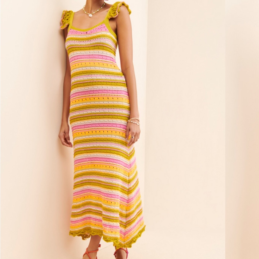 Lucca Couture Striped Crochet Midi Dress in Yellow, Pink, Olive